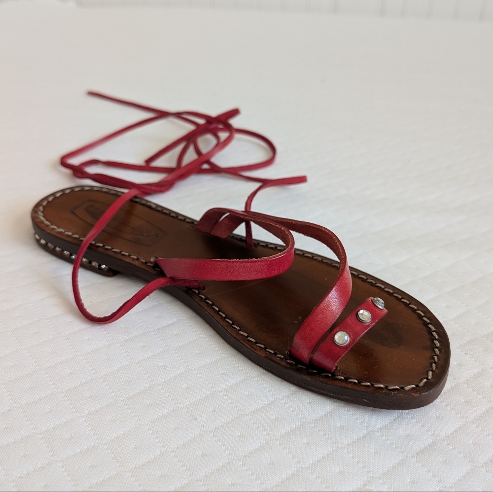 Spaziomoda Red Leather Lace-Up Strappy Gladiator Sandal, diamond studs, size 7.5 - Picture 6 of 15